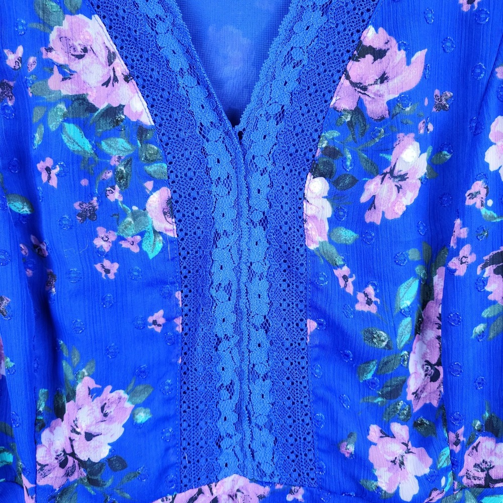 Torrid Floral Peplum Blouse Women 4 Royal Blue Good Lace Trim Clip Dot Chiffon - Picture 3 of 8